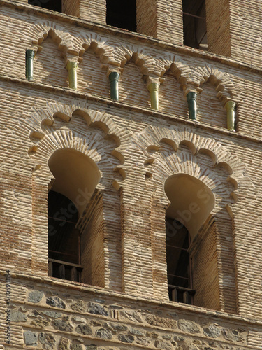 Church of Santo Tomé. Historic city of Toledo. Spain.
Detail of decoration with foiled arches and enamelled columns in the bell tower. Islamic Mudejar art of the 13 century.
UNESCO World Heritage. 