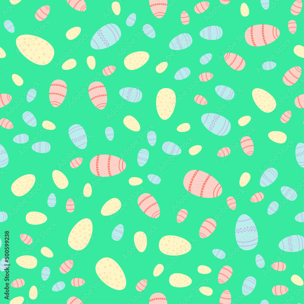 Easter seamless pattern with eggs. Texture with yellow, pink and blue eggs on a green background. Illustration for textiles, wrapping paper, package Easter seamless pattern with eggs. Texture with yellow, pink and blue eggs on a green background. Illustration for textiles, wrapping paper, package