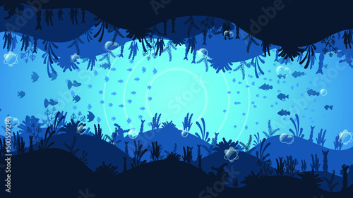 Abstract Blue Underwater Ocean Sea Nature Background Vector With Fishes And Shadows Seaweed Vector Design Style