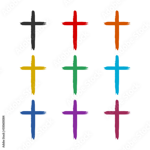 Grunge christian cross icon color set