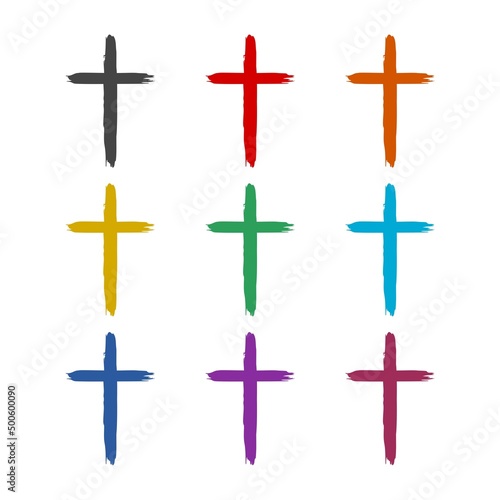 Grunge christian cross icon color set