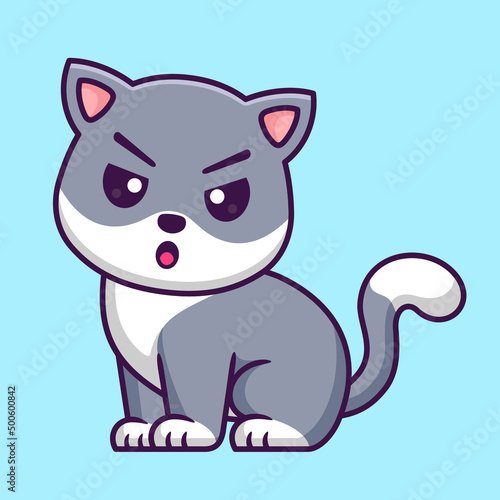 Cute Angry Cat Sitting in Cartoon. Animal Vector Illustration. Flat Style Concept.