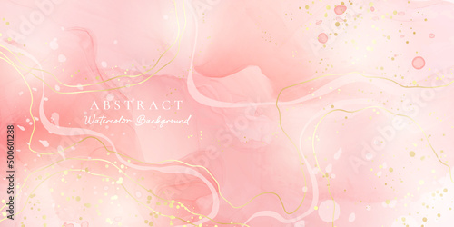 Rose pink liquid watercolor background with golden dots. Peach blush marble alcohol ink drawing effect. Vector illustration design template for wedding invitation, menu, rsvp