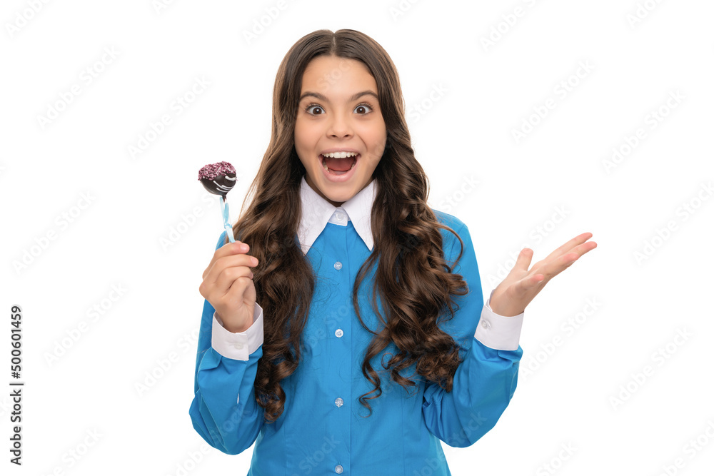 amazed kid portrait has long curly hair hold chocolate sweet isolated on white, yummy amazed kid portrait has long curly hair hold chocolate sweet isolated on white, yummy