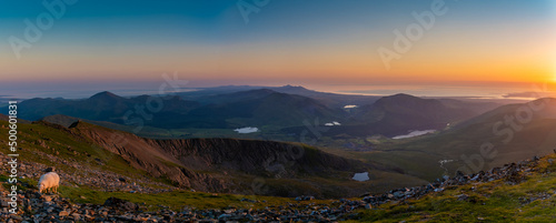 Canvas Print Snowdonia, Wales - Sunset over the mountains from Mount Snowdon with a sheep
