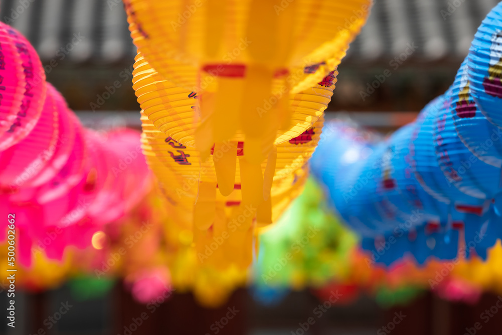 Fototapeta premium Buddha's birthday celebration, colorful lotus lanterns at the temple