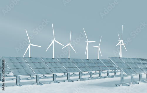 3d illustration of monochrome renewable energy solar panels wind turbines