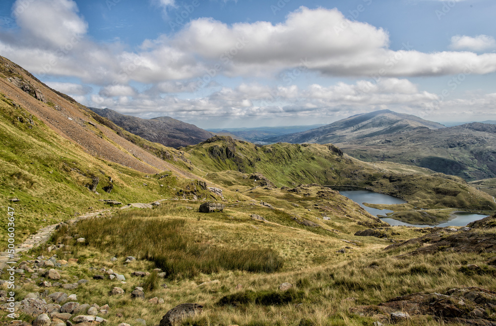 Snowdon Walk. Above Glaslyn looking back along the Pyg Track and Llyn Llydaw. One of a Series Documenting the Pyg and Miner's Tracks. Snowdon Walk. Above Glaslyn looking back along the Pyg Track and Llyn Llydaw. One of a Series Documenting the Pyg and Miner's Tracks.