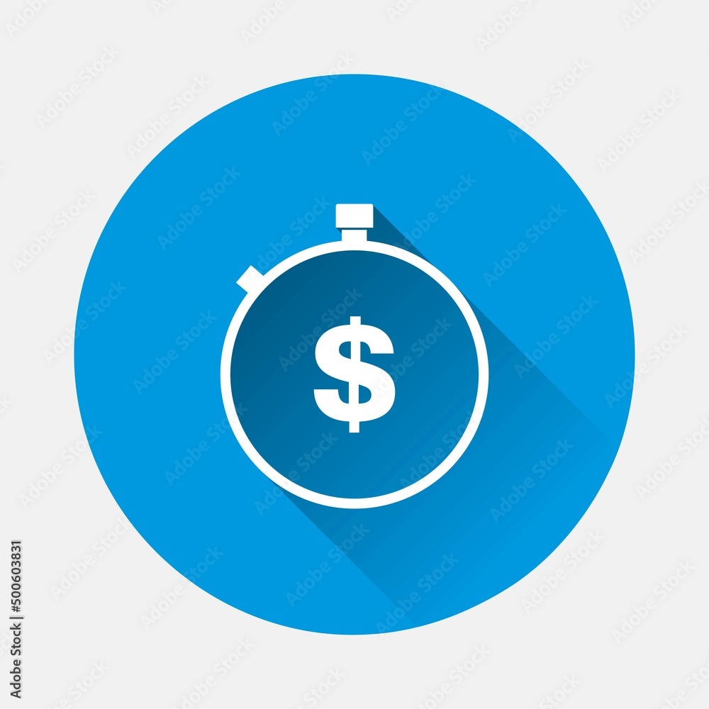 Time dollar vector icon, time for money on blue background. Flat image with long shadow. Time dollar vector icon, time for money on blue background. Flat image with long shadow.