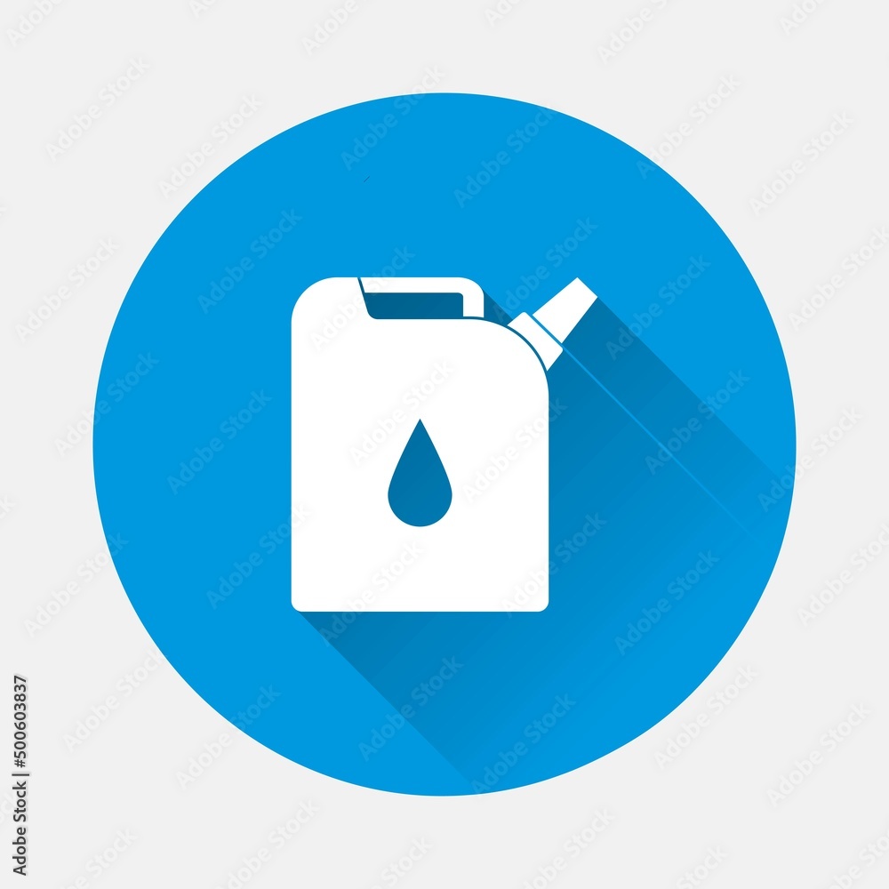 Vector canister for bio gasoline icon on blue background. Flat image with long shadow. Vector canister for bio gasoline icon on blue background. Flat image with long shadow.