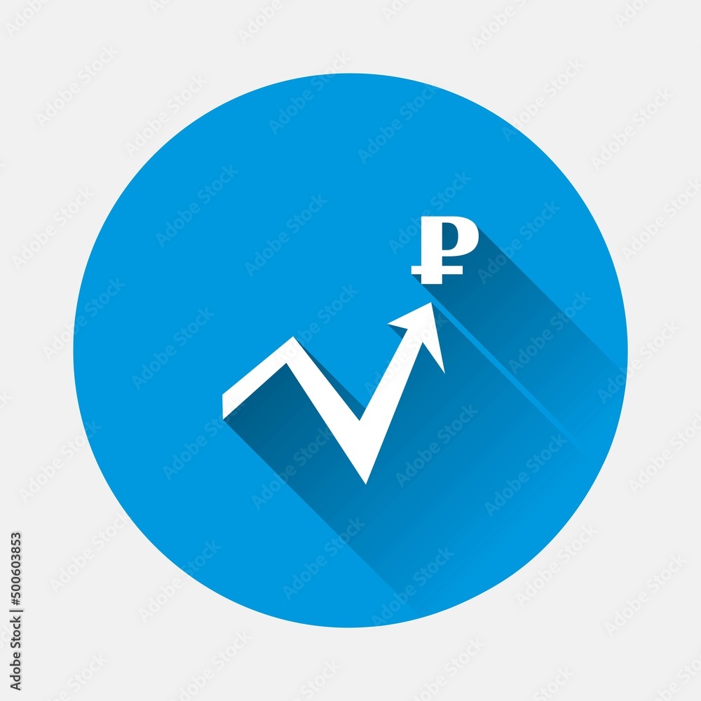 Vector arrow icon and ruble symbol icon on blue background. Flat image with long shadow. Vector arrow icon and ruble symbol icon on blue background. Flat image with long shadow.