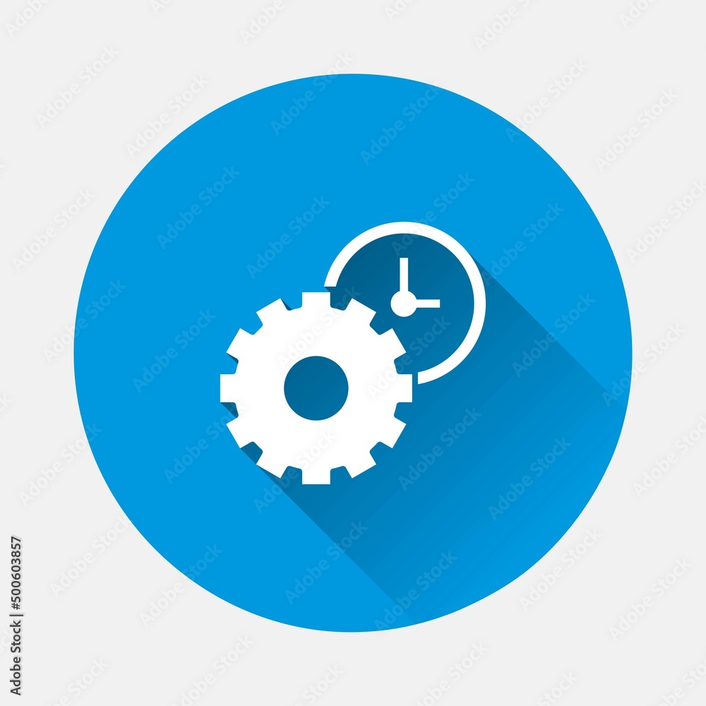 Vector icon gears wheel and clock the working process. Illustration gears in motion icon on blue background. Flat image with long shadow. Vector icon gears wheel and clock the working process. Illustration gears in motion icon on blue background. Flat image with long shadow.