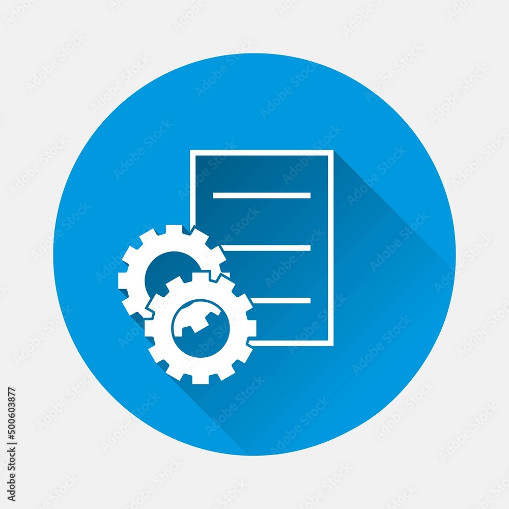 Setting document icon. Cog, gear and sheet icon on blue background. Flat image with long shadow. Setting document icon. Cog, gear and sheet icon on blue background. Flat image with long shadow.