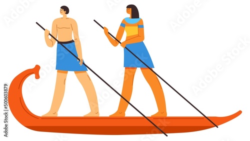 Ancient egyptian people floating on wooden boat