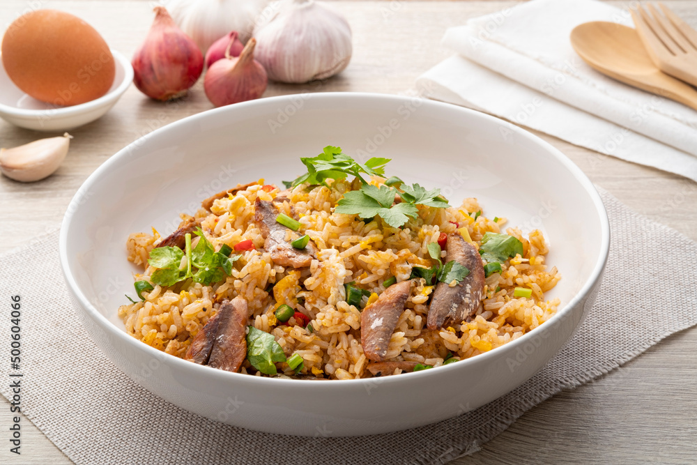 Fried Rice with Canned Mackerel Fish.Thai style easy cooking food Fried Rice with Canned Mackerel Fish.Thai style easy cooking food
