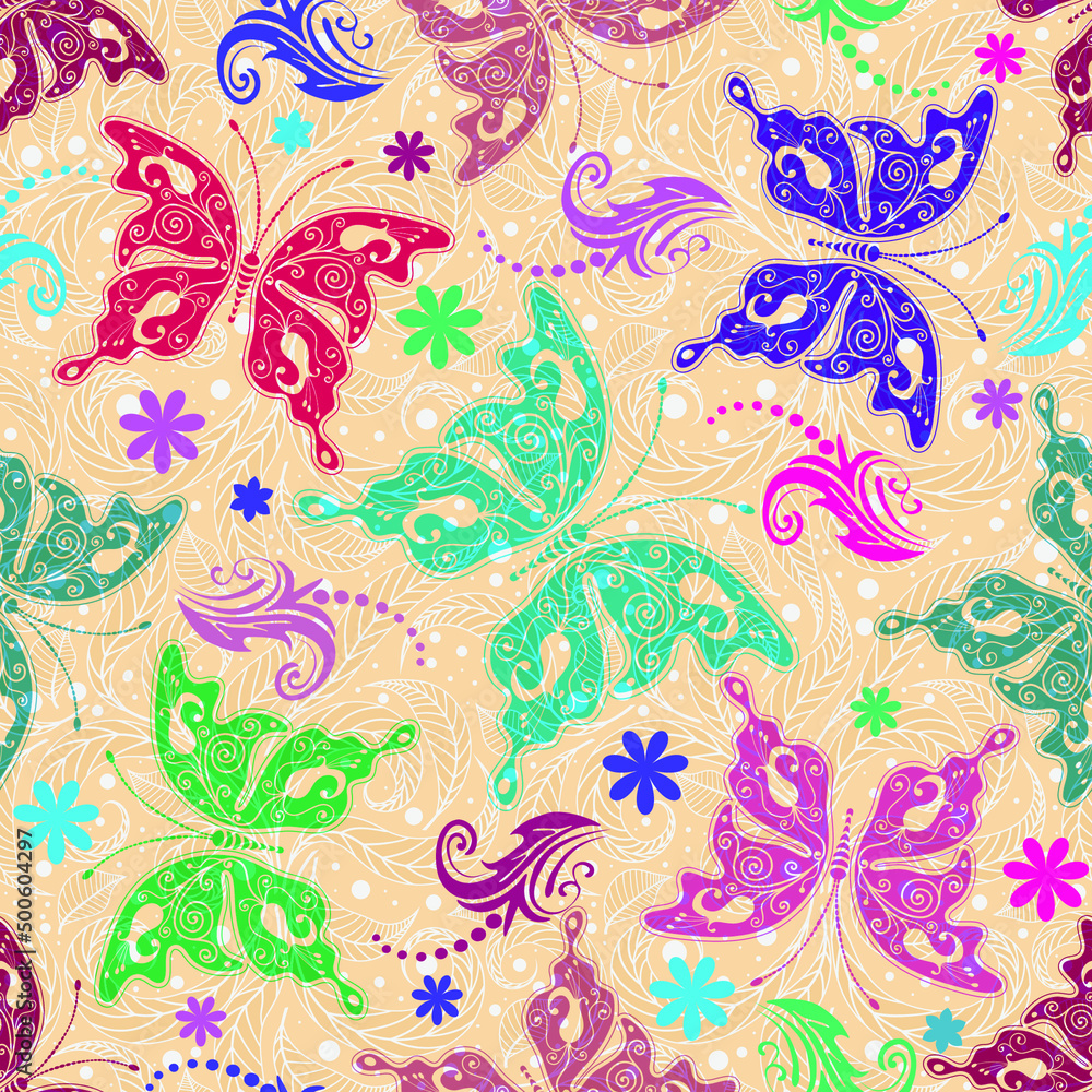 Seamless elegant spring pattern with translucent butterflies. Vector eps 10