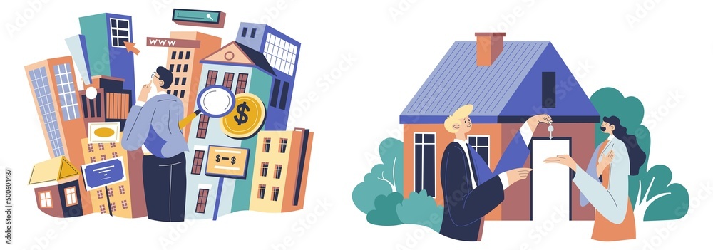 Real estate agent gives key, buying or renting Real estate agent gives key, buying or renting