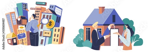 Real estate agent gives key, buying or renting