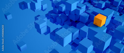 Abstract background with blue cubes and a yellow one photo