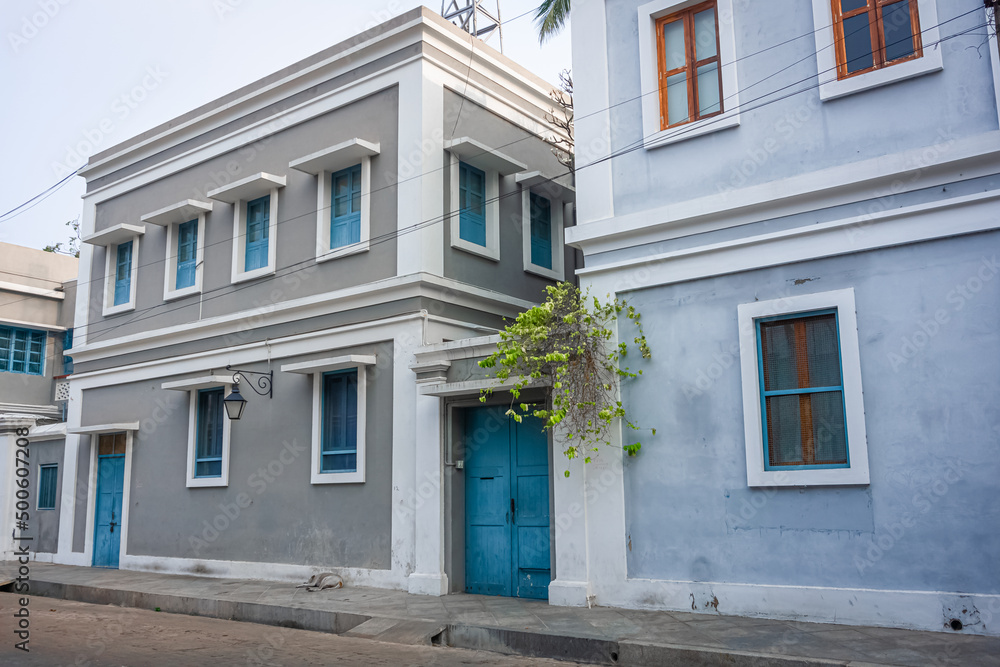 A generic French-style buildings street in a union territory at French colony, Pondicherry also as Puducherry, Tamilnadu, South India