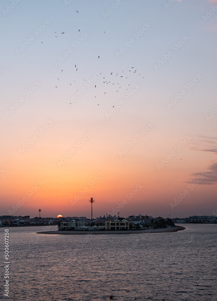 Sunset view on the Palm Jumeirah in Dubai with birds in the air