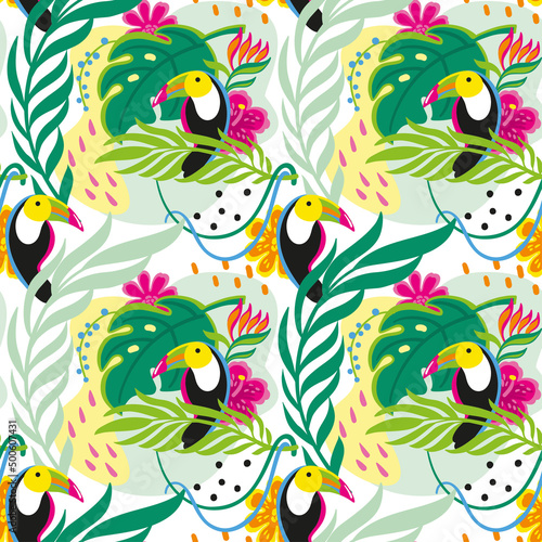 Toucan in tropical forest. Seamless pattern with exotic flowers and  leaves.