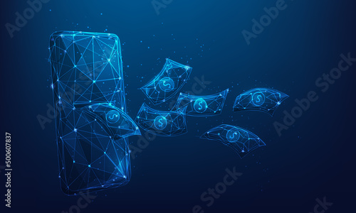 digital mobile payment low poly wireframe on blue dark.  business and finance transfer money concept. mobile banking with banknotes. vector illustration in technology digital.  e-commerce online.