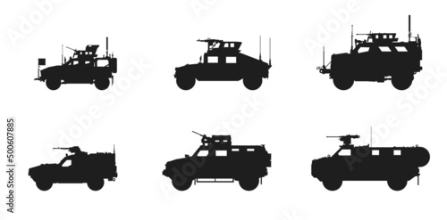armored assault vehicle icon set. weapon and army symbols. vector image for military web design photo