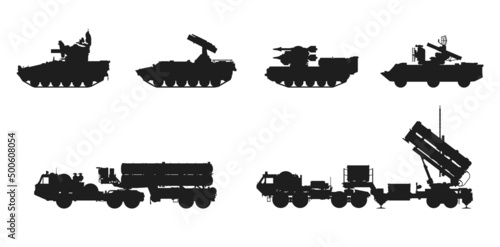 anti-aircraft missile system set. rocket weapon and army icons. isolated vector images for military web design