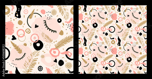 Modern youth seamless pattern for girls. Abstract pink, black shapes, spots, dots, circles, eyelashes and leaves. Grunge elements. Textile, clothing, print, cover.