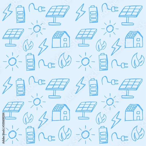 Green energy seamless pattern, solar panel linear background template, sustainable electricity icons repetitive vector illustration design, repeat doodle style wallpaper