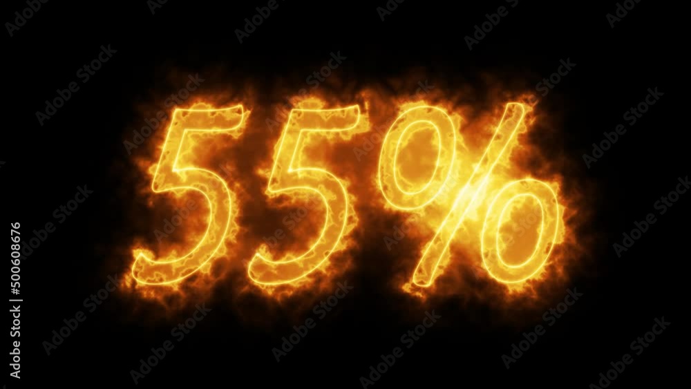 55% sale animated banner, fiery inscription 55% discount. 55% sale animated banner, fiery inscription 55% discount.