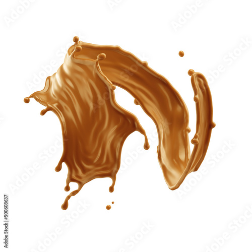3d render, wavy shape liquid caramel splash, toffee or nougat cooking ingredient, splashing maple syrup. Clip art isolated on white background.