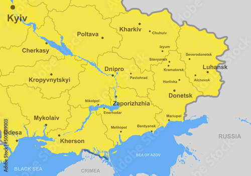 Map of Southeast of Ukraine with Donbas region and Sea of Azov photo