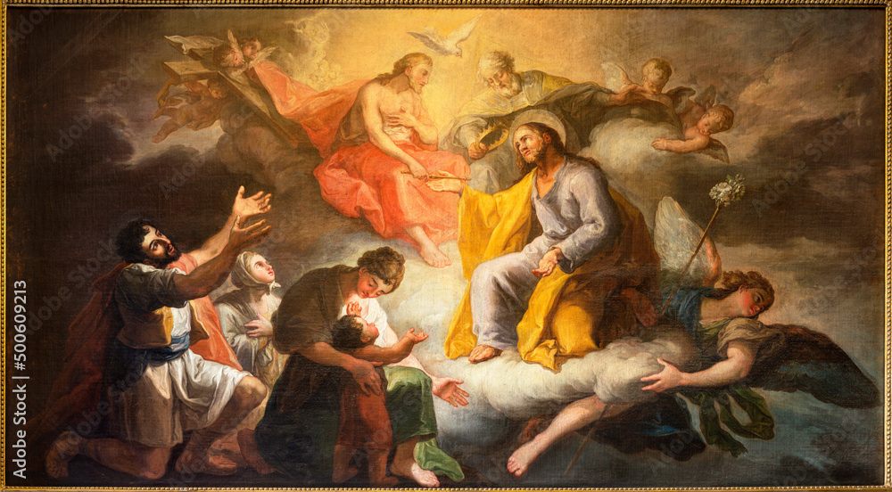 VALENCIA, SPAIN - FEBRUARY 14, 2022: The painting Apotheosis of St. Joseph in the church Basilica de la Mare de Deu dels Desamparats by Francisco Llacer from 19. cent.