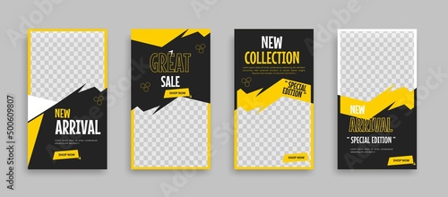 Set of Editable minimal square banner template. Black yellow white background color with geometric shapes for social media post, story and web internet ads. Vector illustration
