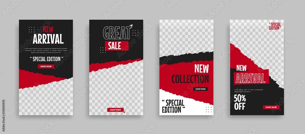 Set of Editable minimal square banner template. Black red white background color with geometric shapes for social media post, story and web internet ads. Vector illustration
