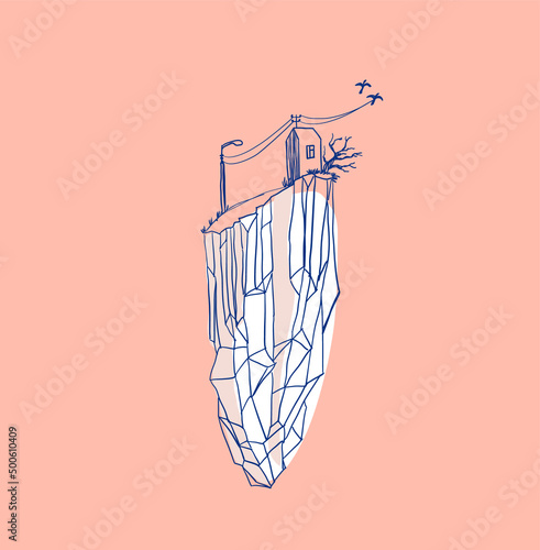 house on a rock floating in the air, a piece of land with all the comfort of a hand-drawn sketch. vector illustration.