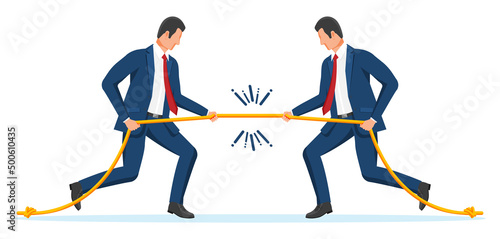 Two Businessman Pull of Rope. Man Tug of War and Look at Each Other. Business Target, Rivalry, Competition, Conflict. Achievement, Goal Success. Flat Vector Illustration