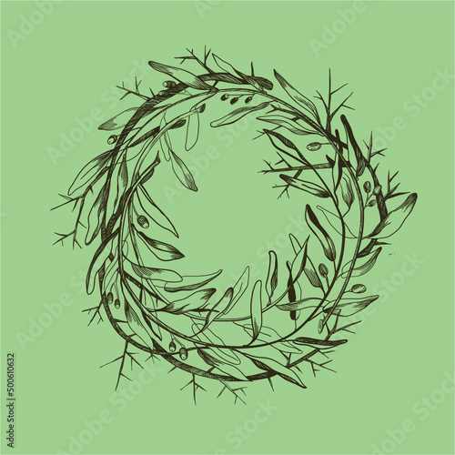 round decorative wreath made of twigs and twigs. Laurel wreath. vector illustration. manual graphics.
