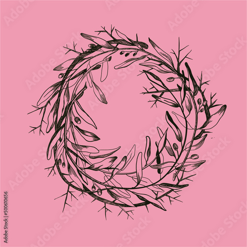round decorative wreath made of twigs and twigs. Laurel wreath. vector illustration. manual graphics.