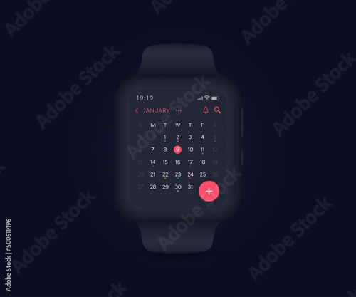Smartwatch calendar planner app concept, Activity calendar template UI UX, Wristwatch calendar schedule agenda annual planning meeting application, Calendar events, Appointment, Event fitness, Vector