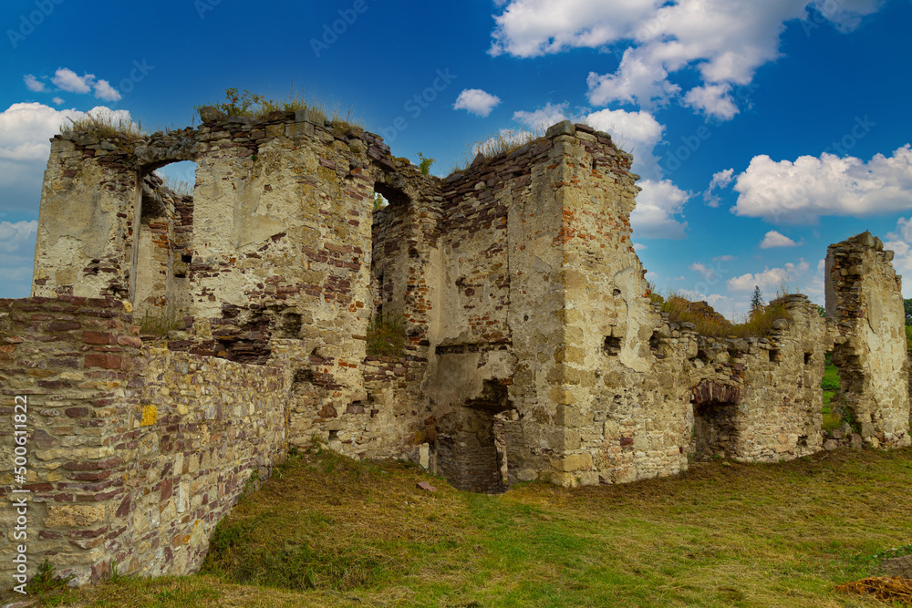 Ruins of ancient medieval Pidzamochok castle outdoor. Ukraine.