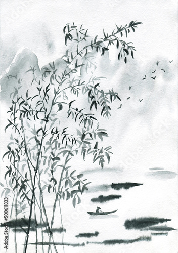 Watercolor illustration of Asian birds.Chinese traditional landscape painting of mountains. painting with misty forest trees on white background.