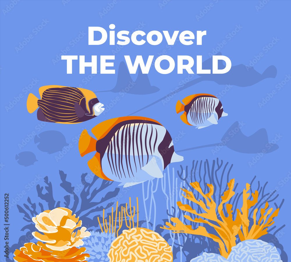 Underwater coral reef nature graphic landscape of coral fish. Environmental protection, leisure ideas, poster design for diving. Flat vector illustration Underwater coral reef nature graphic landscape of coral fish. Environmental protection, leisure ideas, poster design for diving. Flat vector illustration