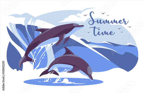 Two dolphins emerge from the water against the backdrop of large waves. Ocean, sea, sky, birds, summer time, vacation concept. Environment protection. Flat vector illustration.