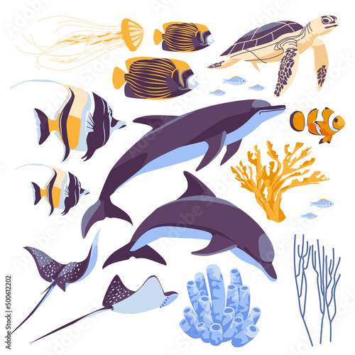 Dolphins, jellyfish, coral fish, stingrays, corals, clownfish, sea turtles. Set, collection of tropical underwater animals isolated on a white background. flat vector illustration.