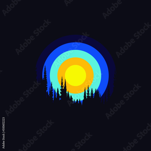 Illustration design of forest silhouette front view Isolated on colorful background. Suitable for landing pages, icons, stickers and posters.
