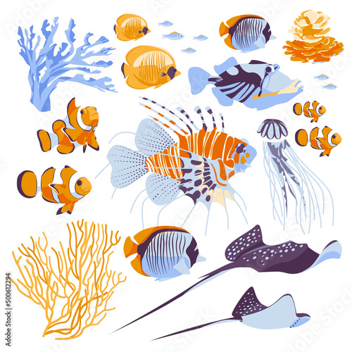 lionfish, jellyfish, coral fish, stingrays, corals, clownfish. Set of collection of tropical underwater animals isolated on a white background. flat vector illustration.