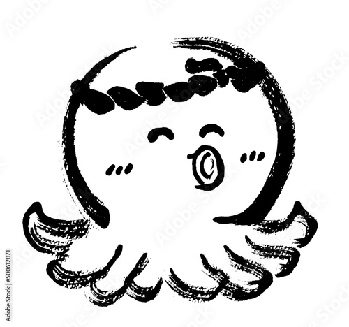 はちまきをしたタコのポップな手描き和風イラスト　モノクロ